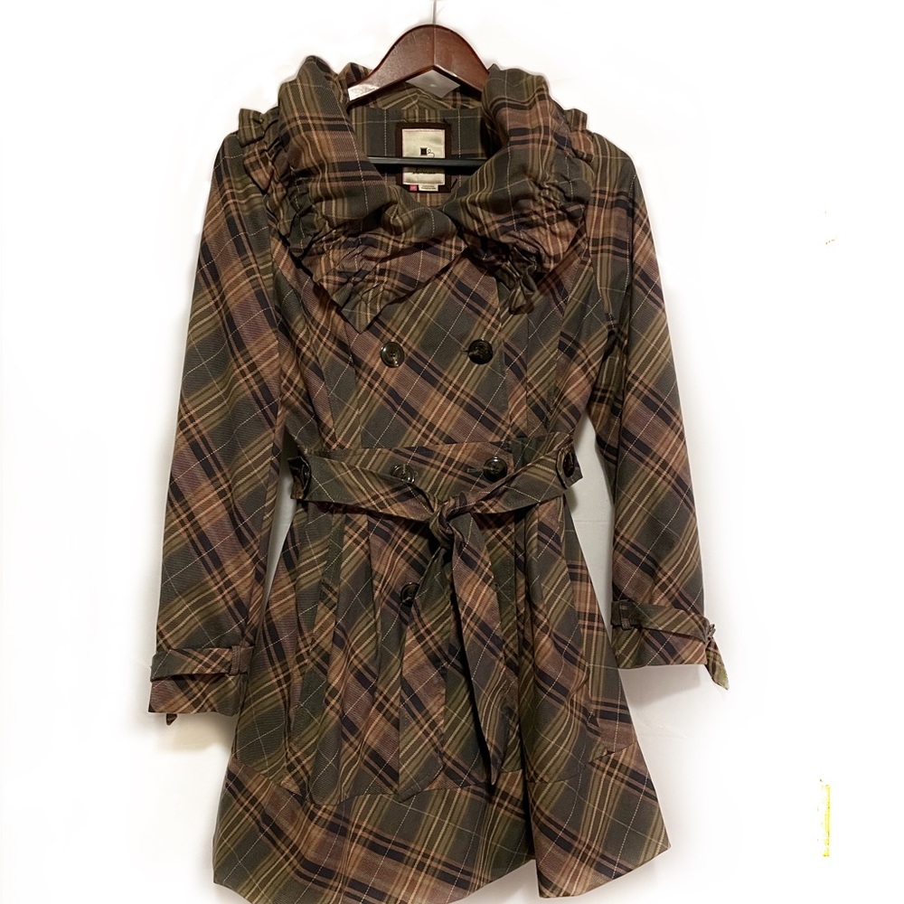 Elevenses by Anthropologie plaid ruffle trench coat size 10P